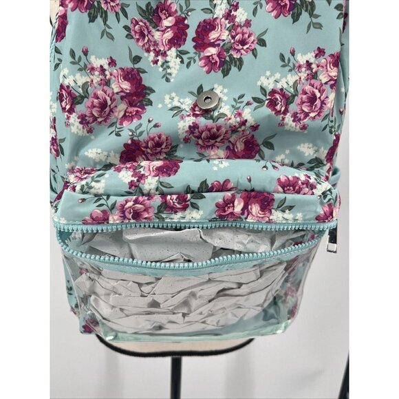 No Boundaries Nylon Flap Backpack Clear Vinyl Pocket Mint Floral NWT 16" deep - Picture 8 of 9